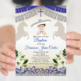 Navy Blue Silver Fiesta Boy Taufe Christening Einladung