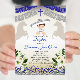 Navy Blue Silver Fiesta Boy Taufe Christening Einladung