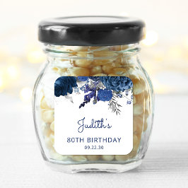Navy Blue Silver Floral 80. Geburtstagsparty Quadratischer Aufkleber