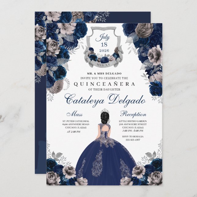 Navy Blue & Silver Floral Elegante Quinceañera Einladung (Vorne/Hinten)