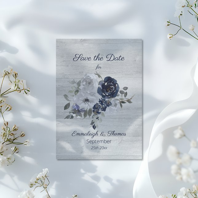Navy Blue Silver Floral Foto Save the Date (Von Creator hochgeladen)