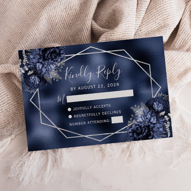 Navy Blue Silver Floral Geometric RSVP Karte (Von Creator hochgeladen)