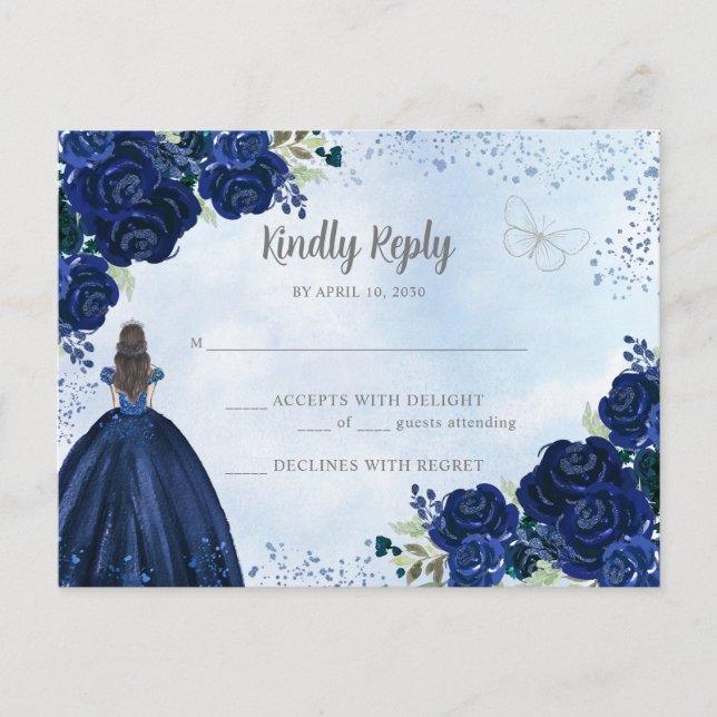 Navy Blue Silver Floral Prinzessin Quinceañera UAW Postkarte (Vorderseite)