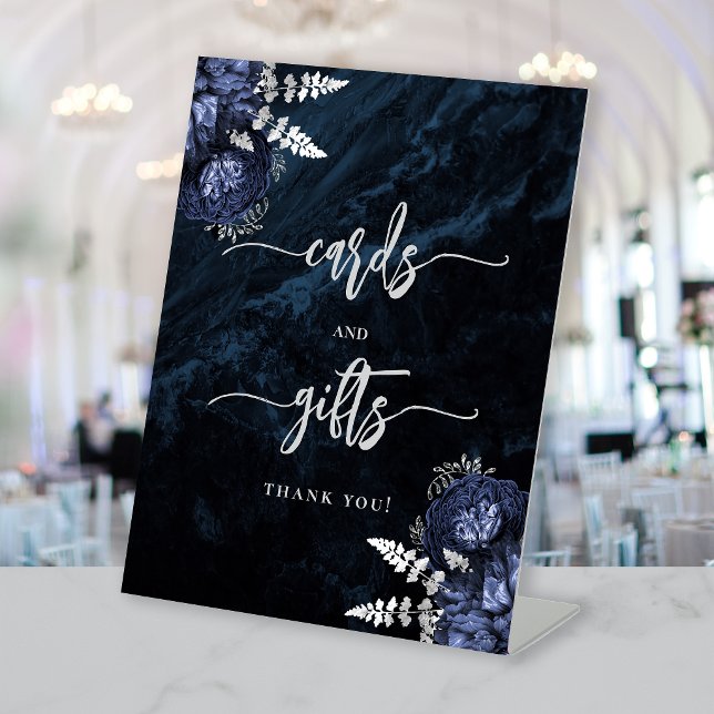 Navy Blue Silver Floral Wedding Cards Gifts Sockelschild (Von Creator hochgeladen)