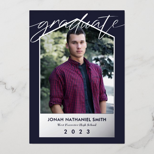 Navy Blue Silver Foil Foto Graduate Folieneinladung (Vorderseite)