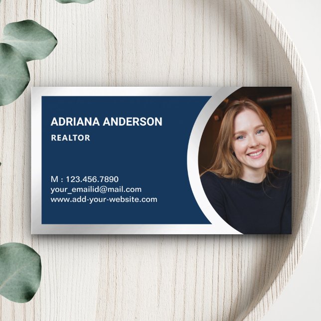 Navy Blue Silver Foil Real Anwesen Foto Realtor Visitenkarte (Von Creator hochgeladen)