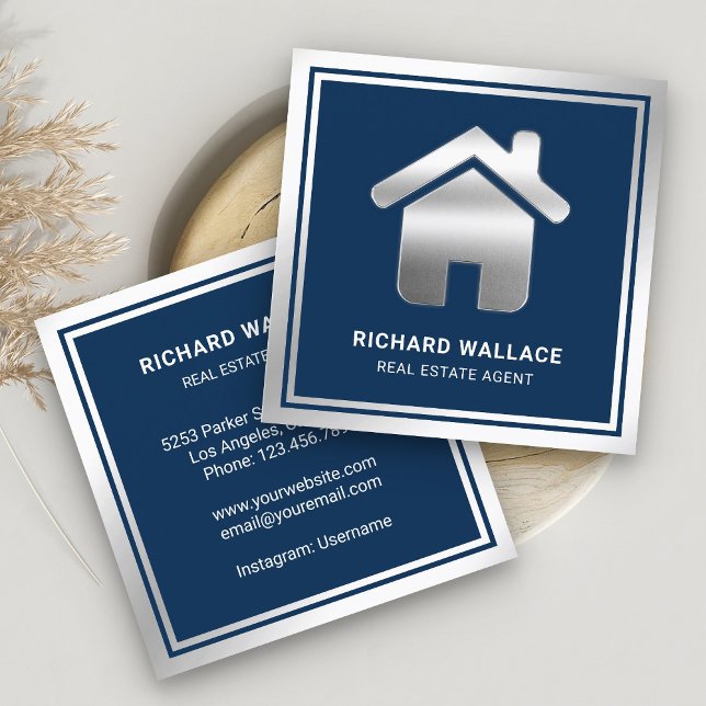 Navy Blue Silver Foil Zuhause Logo Real Anwesen Ag Quadratische Visitenkarte (Von Creator hochgeladen)