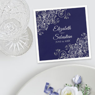 Navy Blue & Silver Frills Elegant Wedding Serviette