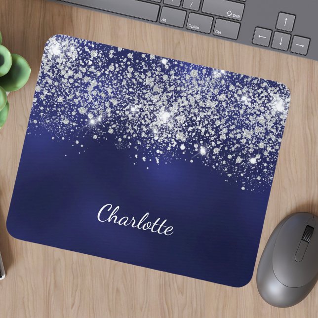 Navy blue silver glitter monogram name script mousepad (Von Creator hochgeladen)