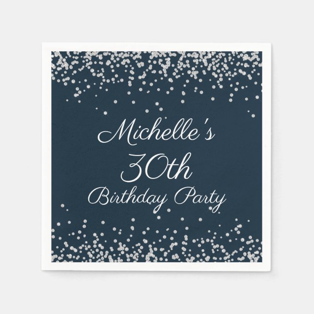 Navy Blue Silver Glitzer 30. Geburtstag Party Serviette (Vorderseite)