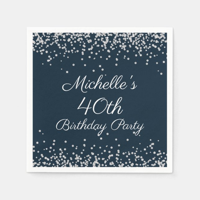 Navy Blue Silver Glitzer 40. Geburtstag Party Serviette (Vorderseite)