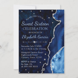Navy Blue & Silver Glitzer Agate Marmor Sweet 16 Einladung