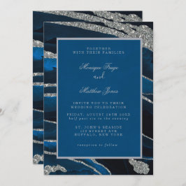 Navy Blue & Silver Glitzer Agate Wedding Einladung