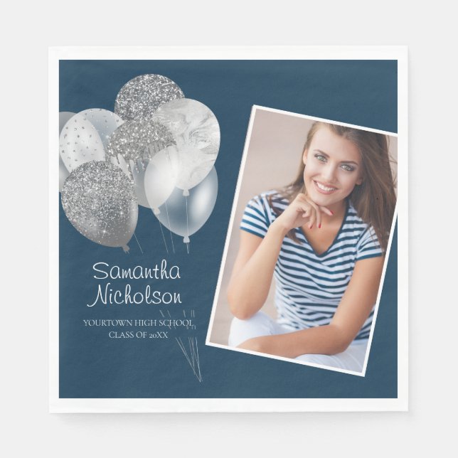 Navy Blue Silver Glitzer Balloons Grad Party Foto Serviette (Vorderseite)