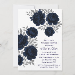 Navy Blue & Silver Glitzer Blätter Paare Dusche Einladung