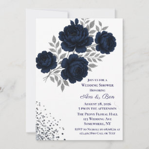 Navy Blue & Silver Glitzer Blätter Polterabend Einladung