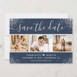 Navy Blue Silver Glitzer Confetti Wedding 3 Foto Save The Date