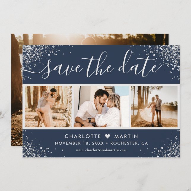 Navy Blue Silver Glitzer Confetti Wedding 4 Foto Save The Date (Vorne/Hinten)