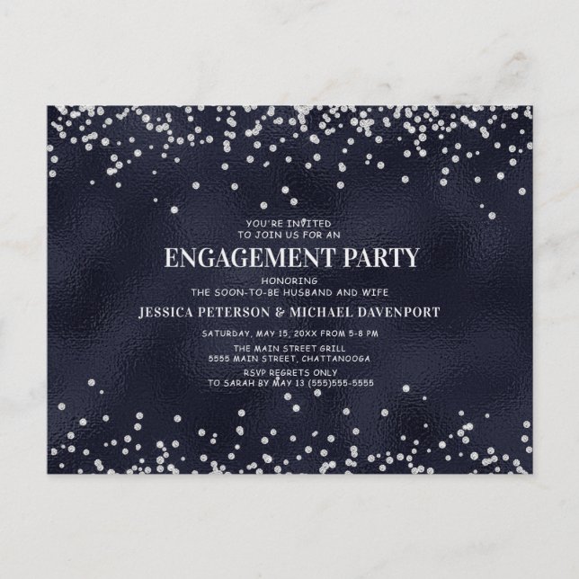 Navy Blue Silver Glitzer Engagement Party Postkarte (Vorderseite)