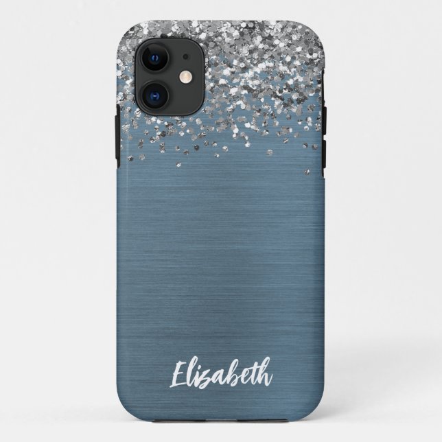 Navy Blue Silver Glitzer Girl Monogram Name Case-Mate iPhone Hülle (Rückseite)