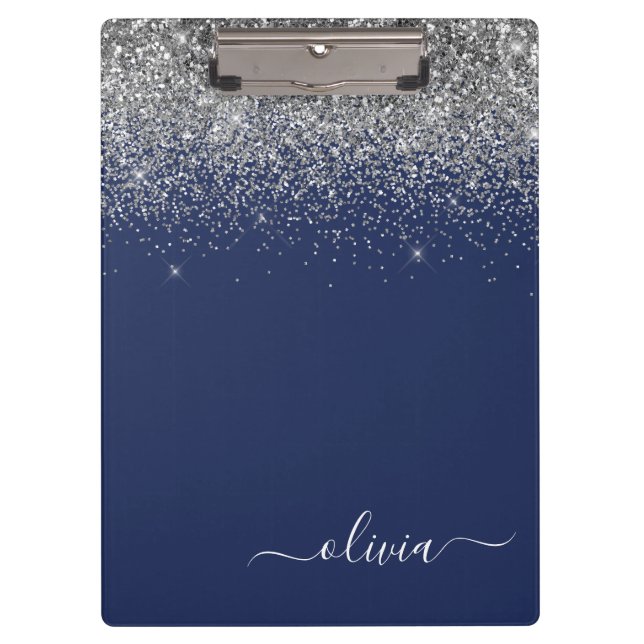 Navy Blue Silver Glitzer Girl Monogram Name Klemmbrett (Vorderseite)