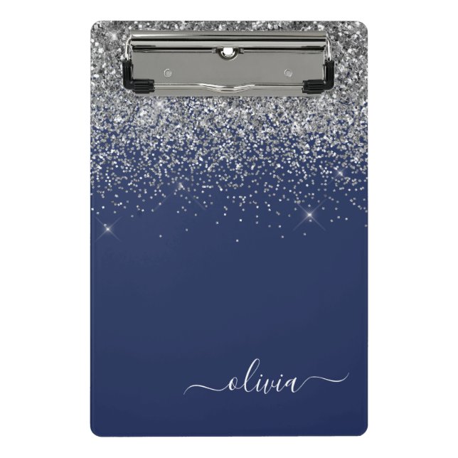 Navy Blue Silver Glitzer Girl Monogram Name Mini Klemmbrett (Vorderseite)