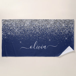Navy Blue Silver Glitzer Girl Monogram Name Strandtuch