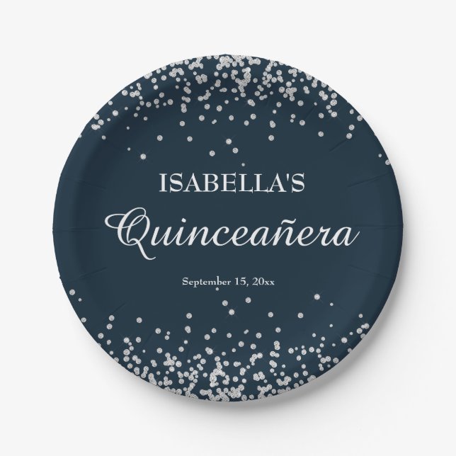 Navy Blue Silver Glitzer Girls Quinceanera Pappteller (Vorderseite)
