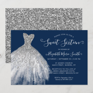 Navy Blue Silver Glitzer Kleid Sweet 16 Geburtstag Einladung