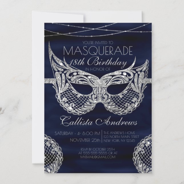 Navy Blue Silver Glitzer Lace Masquerade Geburtsta Einladung (Vorderseite)