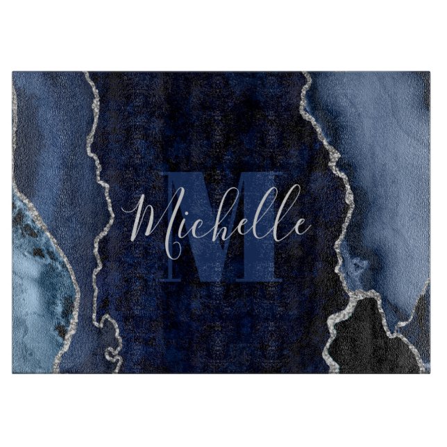 Navy Blue & Silver Glitzer Marbour Agate Monogram Schneidebrett (Vorderseite)