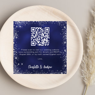 Navy Blue Silver Glitzer QR Code Hochzeit RSVP Begleitkarte