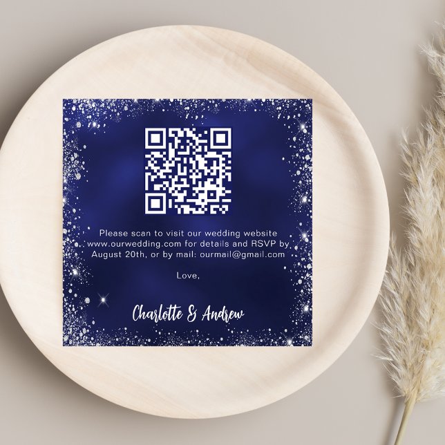 Navy Blue Silver Glitzer QR Code Hochzeit RSVP Begleitkarte (Von Creator hochgeladen)