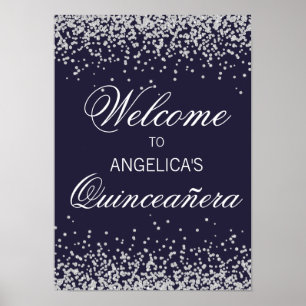 Navy Blue Silver Glitzer Quinceañera Willkommen Poster