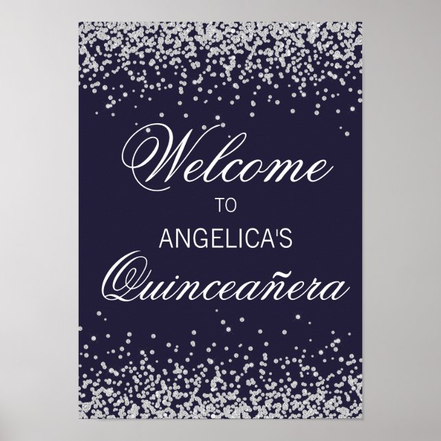 Navy Blue Silver Glitzer Quinceañera Willkommen Poster (Vorne)