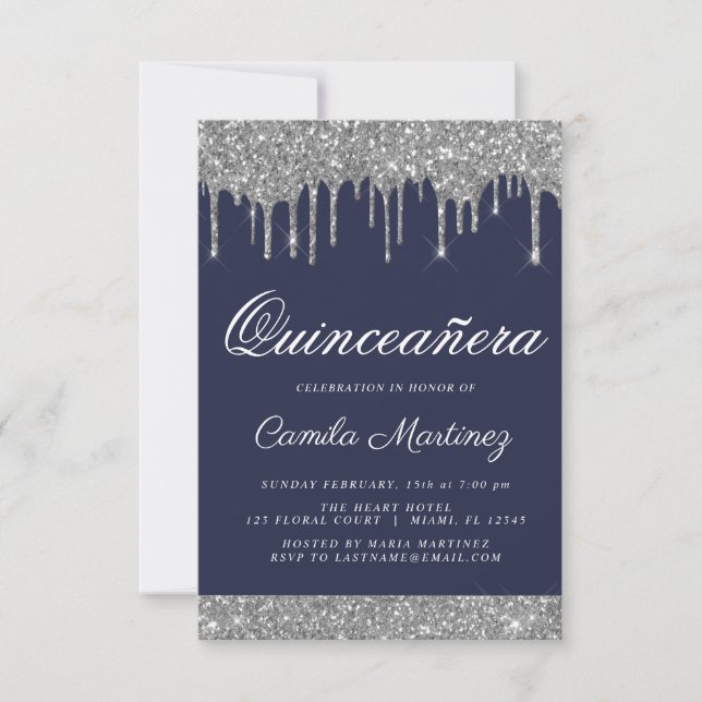 Navy Blue Silver Glitzer Quinceñera Celebration Einladung (Vorderseite)