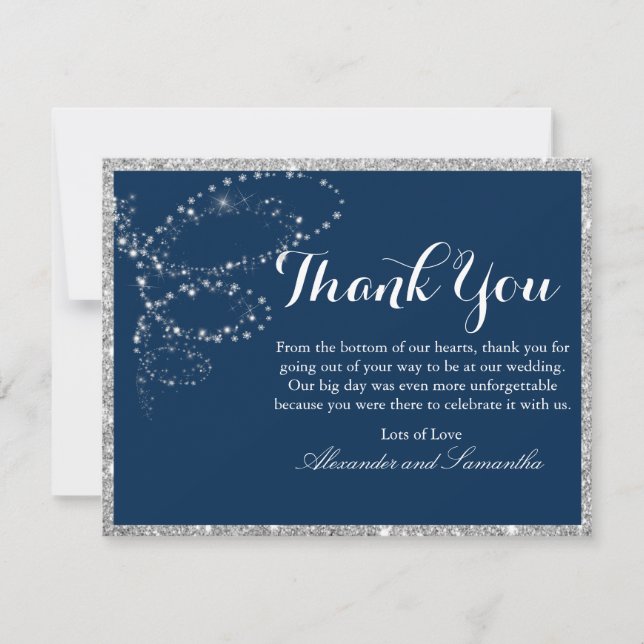 Navy Blue Silver Glitzer Snowflake Danke Karte (Vorderseite)