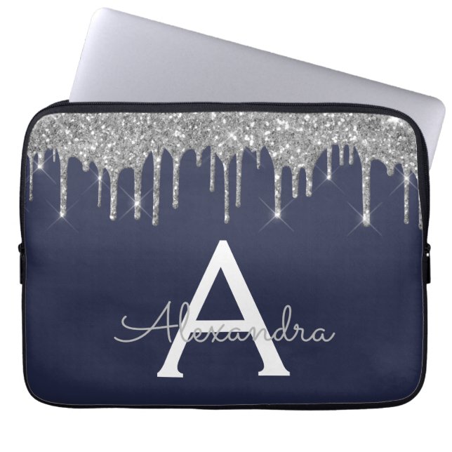 Navy Blue Silver Glitzer Sparkle Monogram Laptopschutzhülle (Vorderseite)
