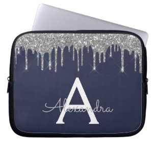 Navy Blue Silver Glitzer Sparkon Monogramm Laptopschutzhülle