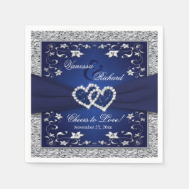 Navy Blue, Silver Gray Floral Paper Wedkin Napkin Serviette