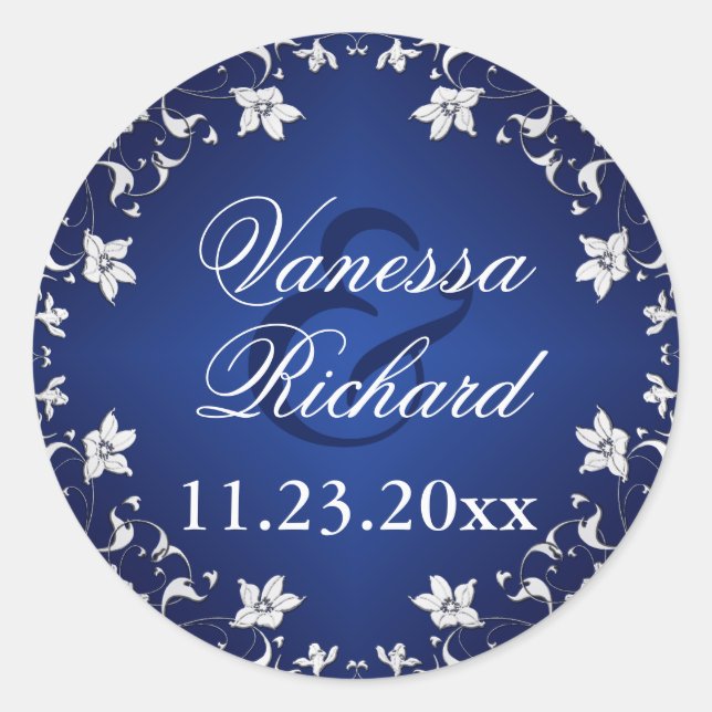 Navy Blue, Silver Gray Floral Wedding Sticker (Vorderseite)