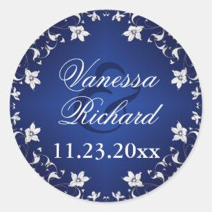 Navy Blue, Silver Gray Floral Wedding Sticker