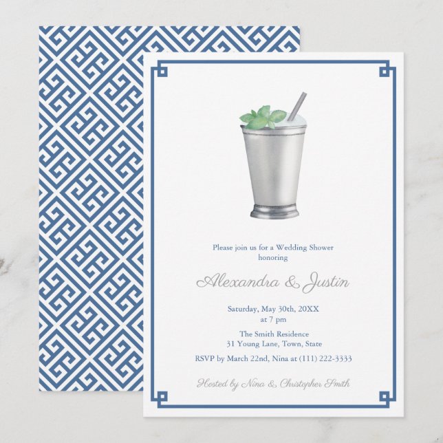 Navy Blue & Silver Gray Mint Julep Polterabend Einladung (Vorne/Hinten)