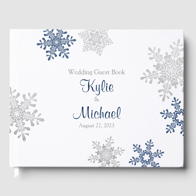 Navy Blue Silver Gray Snowflake Winter Wedding Gästebuch (Vorderseite)