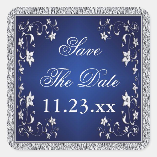 Navy Blue Silver Grey Floral Save the Date Aufkleb Quadratischer Aufkleber (Vorderseite)