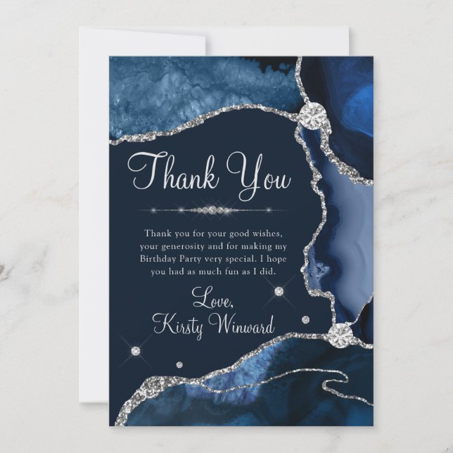 Navy Blue & Silver Imitats Glitzer Agate Birthday Dankeskarte (Vorderseite)