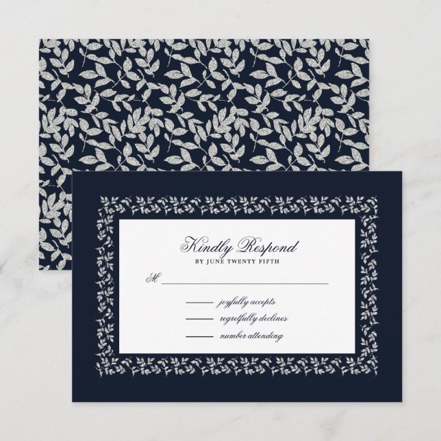 Navy Blue Silver Leaf Muster RSVP Karte (Vorne/Hinten)