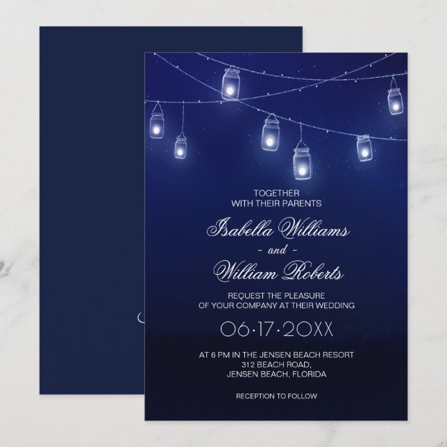 Navy Blue & Silver Mason Jar String Lights Hochzei Einladung (Vorne/Hinten)