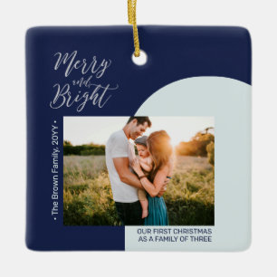 Navy Blue & Silver Modern Foto Christmas Family Keramikornament