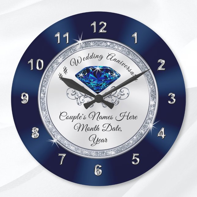 Navy Blue, Silver Personalisiert Anniversary Clock Große Wanduhr (22 years wedding anniversary gifts, for wife. Personalized, 1st wedding anniversary clock. 1 year.)